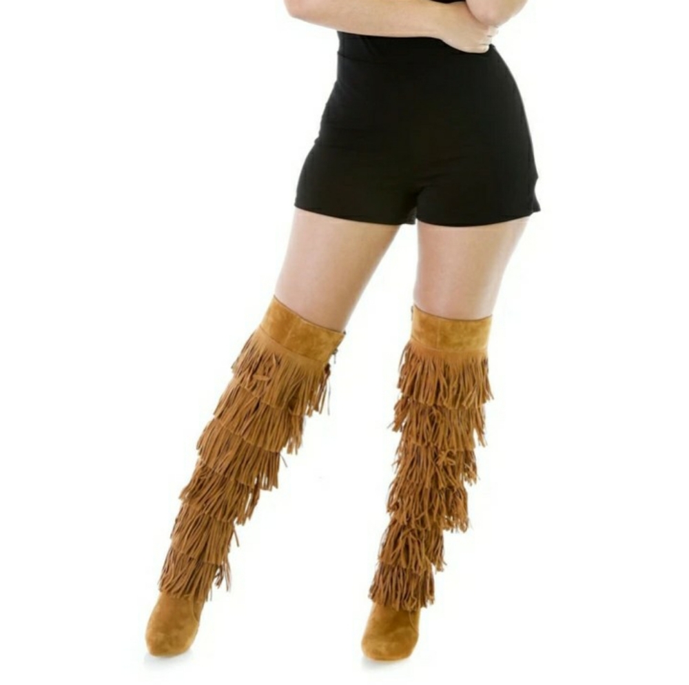 Vegan suede thigh high fringe boots